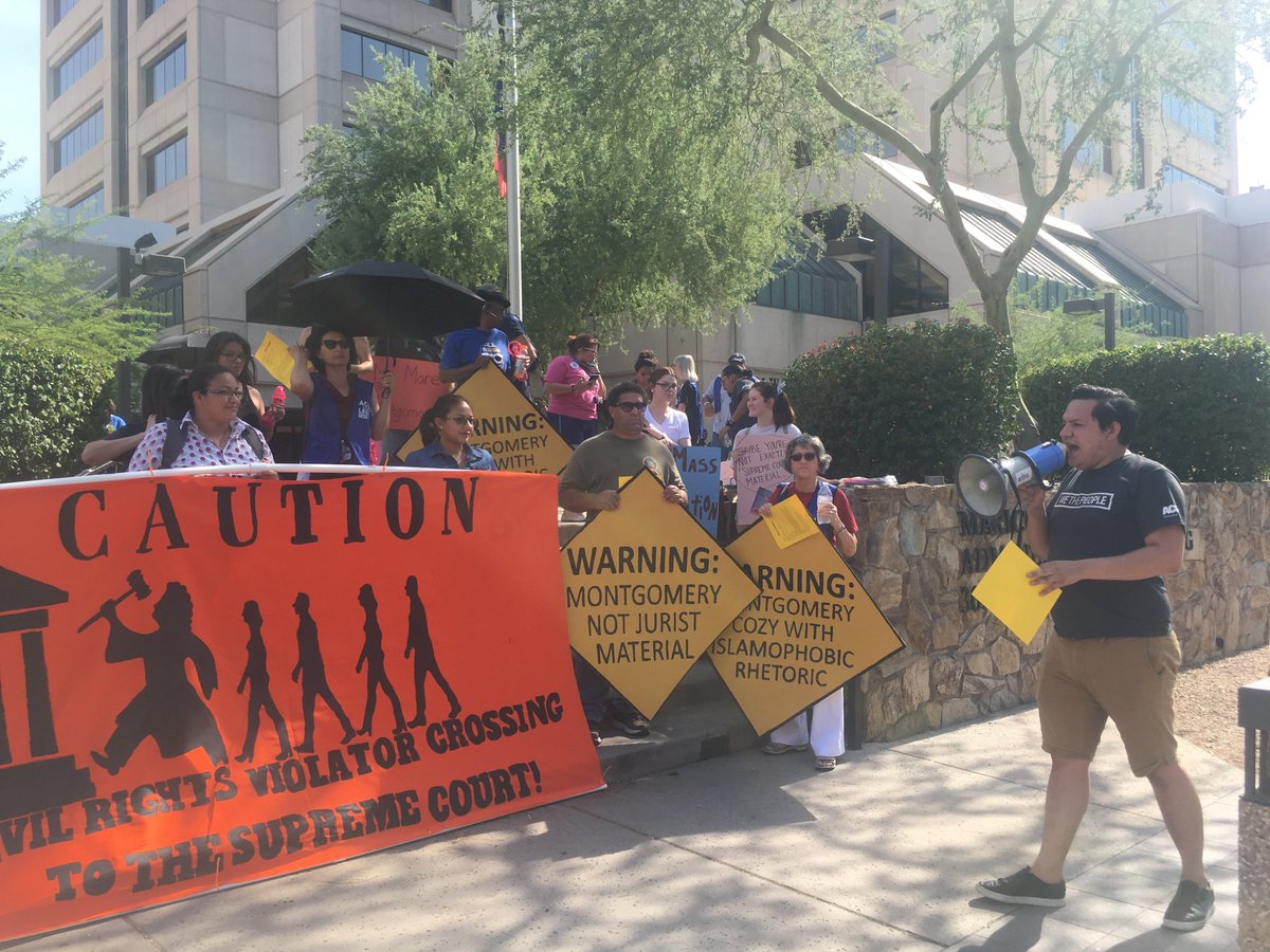 ACLUaz's tweet photo. CAUTION! Civil Rights Violator crossing to the Supreme Court. Contact Gov. Ducey NOW and voice your concerns about elected politician Bill Montgomery's potential appointment to the Supreme Court.  #BlockBill https://t.co/pJPsatk24n https://t.co/MkDkve3OFN