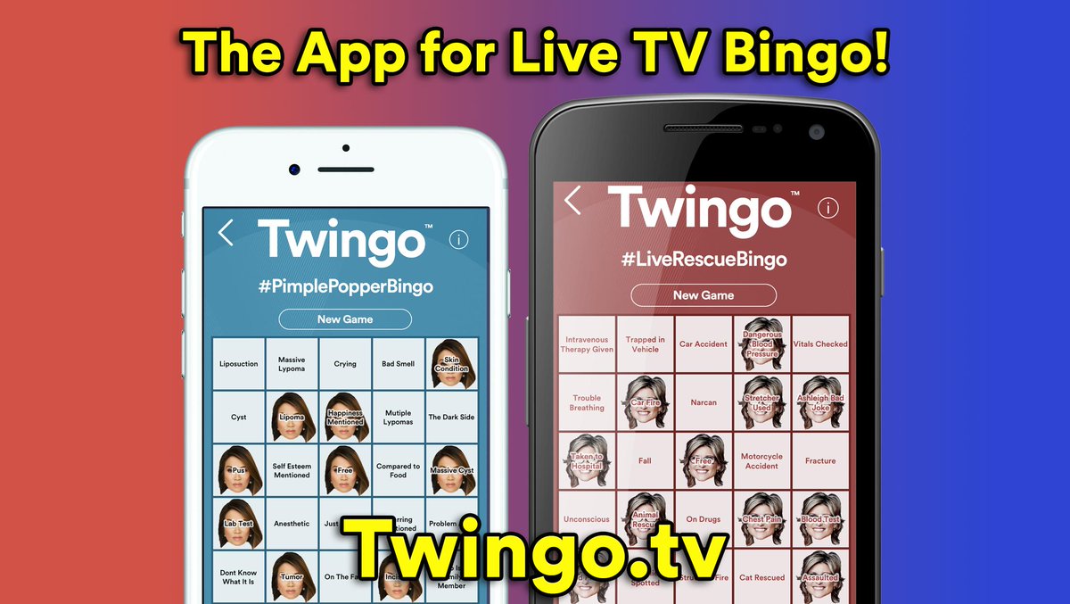 Choose your poison: Twingo Bingo for #LiveRescue or #DrPimplePopper on Thurs night! Get the free Twingo #LiveTVBingo app at Twingo.tv