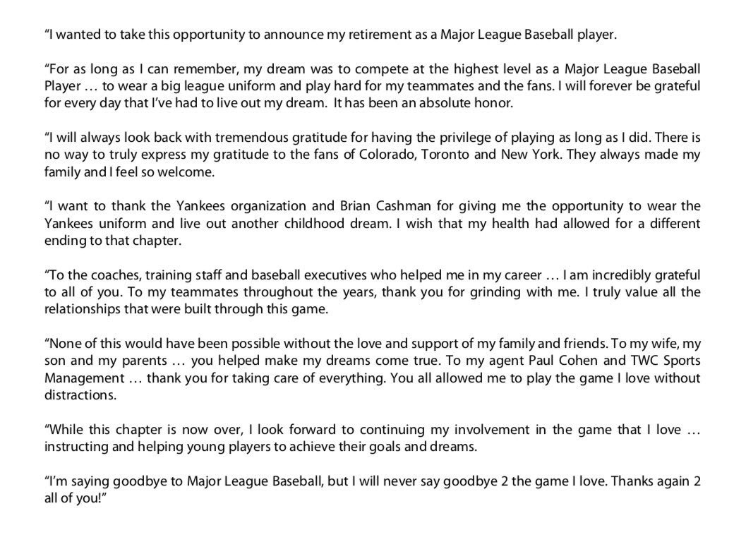 TuloFans's tweet image. Well ya’ll...our boy has retired. Congrats on a great @MLB career Tulo, we have enjoyed being your fans and watching you play. Thank you @Rockies, @BlueJays, &amp;amp; @Yankees for the opportunities you gave Tulo! #retirement #mlb #rockies #bluejays #yankees