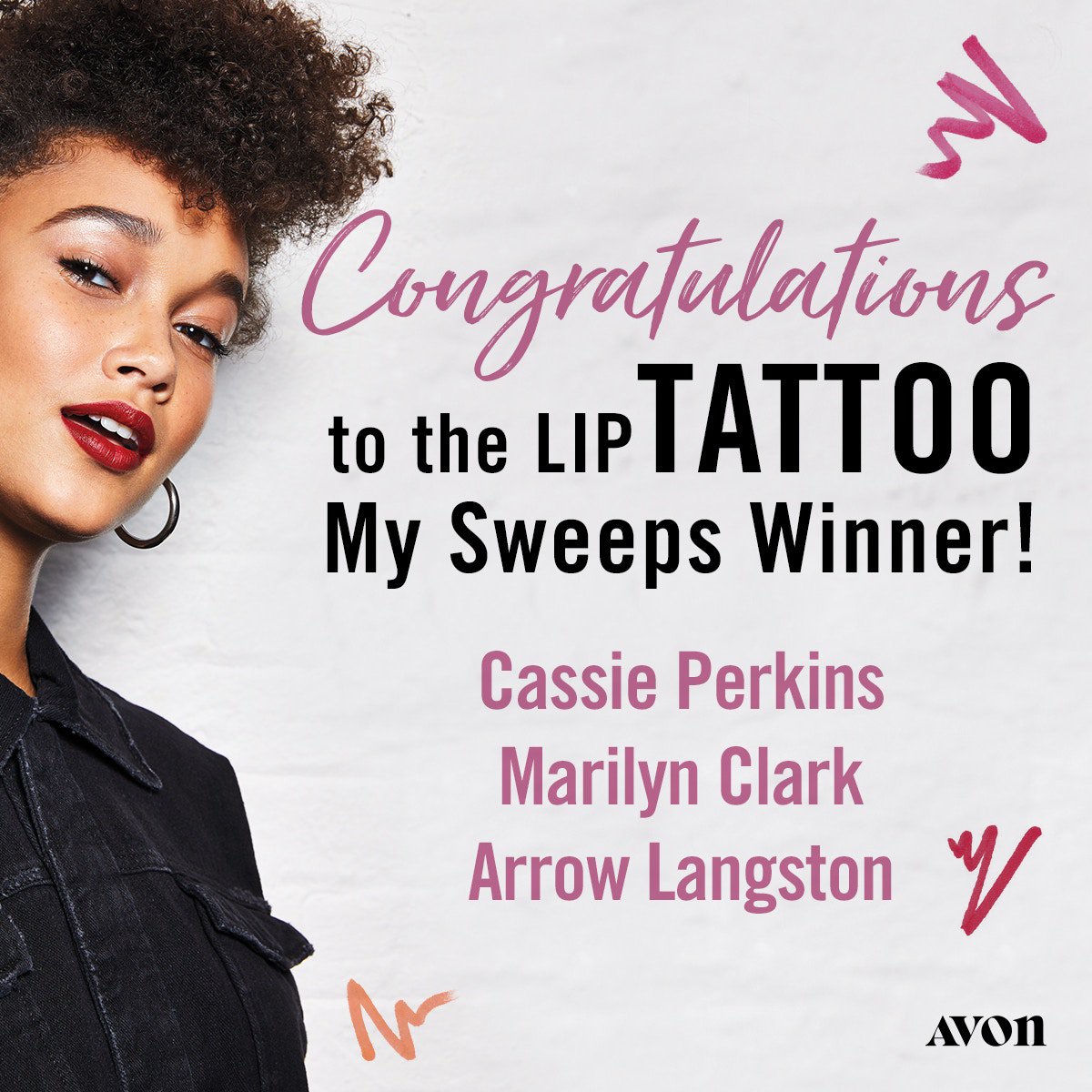 Congratulations to Cassie, Marilyn & Arrow who just got Tattooed!  They are the winners of the Lip Tattoo sweepstakes. #SweepstakesWinner #MySweepsWinner #AvonSweepstakes #LipTattoo #GetInked