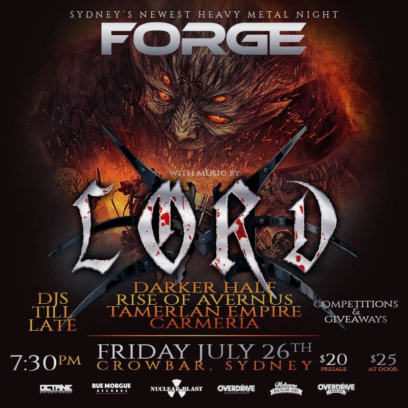 TONIGHT | Forge Metal Night⁠ ⁠ Melbourne's @forgenightclub debuts in Sydney tonight!⁠ The legendary @lordofficial are headlining, with support from @darkerhalfofficial, @riseofavernus, @tamerlanempire and @carmeria 🤘⁠ ⁠ FRIDAY 26 JULY⁠ 7:30PM | $25 on the door⁠