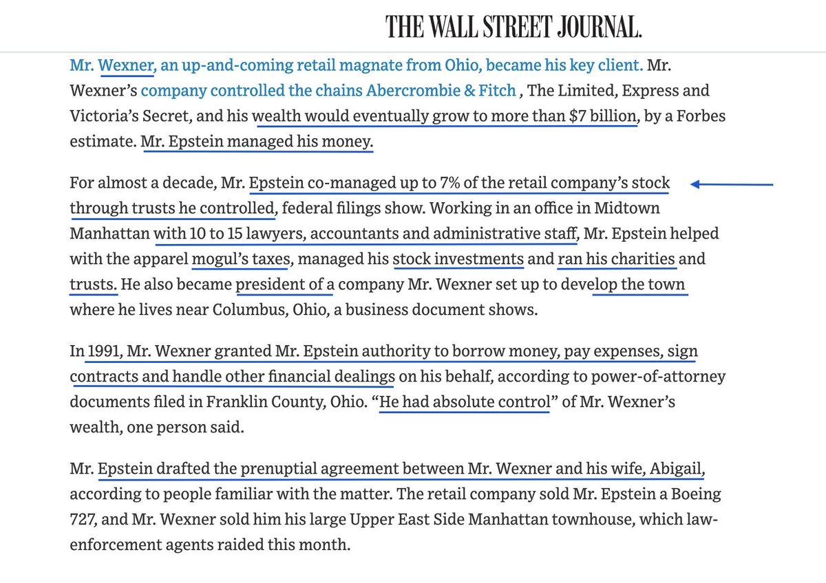 Leslie Wexnergave it all over 2Jeffrey Epstein."He had absolute control."POA Power of AttorneyMngd 7% of company stockWexner taxesWexner StockWexner Charities|TrustsEpstein even write upLeslie + Abigail Pre-Nup.---------Abigail: "Just have JE hire the nanny."