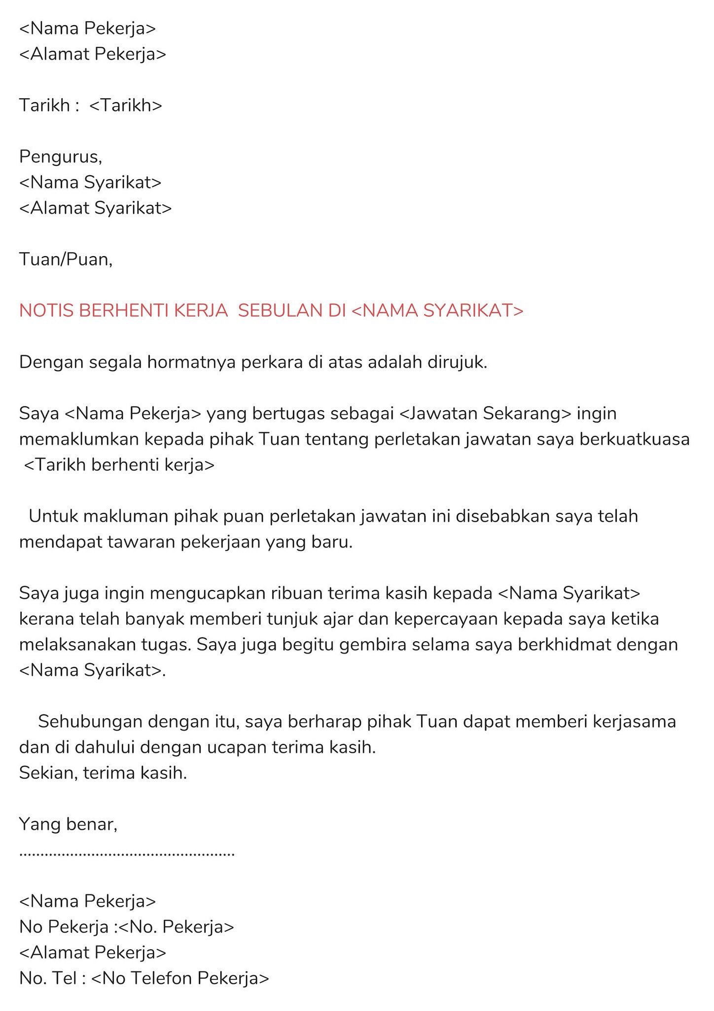 Contoh Surat Pemberhentian Perkhidmatan