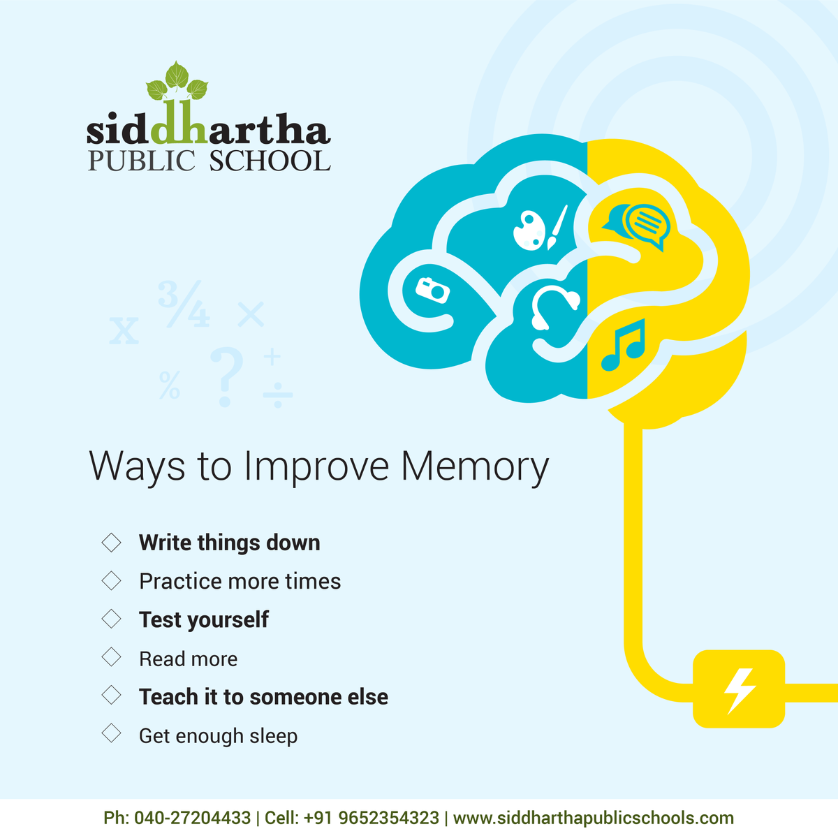 SPSBoduppal's tweet image. Ways to Improve #Memory:

☛ Write things down
☛ Practice more times
☛ Test yourself
☛ Read more
☛ Teach it to someone else
☛ Get enough #sleep

#KeepPractice #MemoryTips #ImproveMemoryPower 
#BoostYourMemory