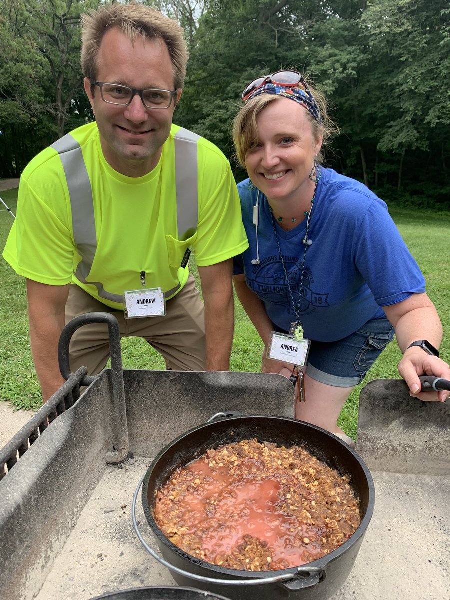andrea_luhman's tweet photo. Last day of Twilight Camp 2019. High Five to my Dutch oven cooking partner in crime @AndBudWW ! We made Kielbasa, with potatoes, celery, and peppers. For dessert Raspberry Crisp. #nstwilightcamp #dutchovencooking https://t.co/aq2Na58ENT