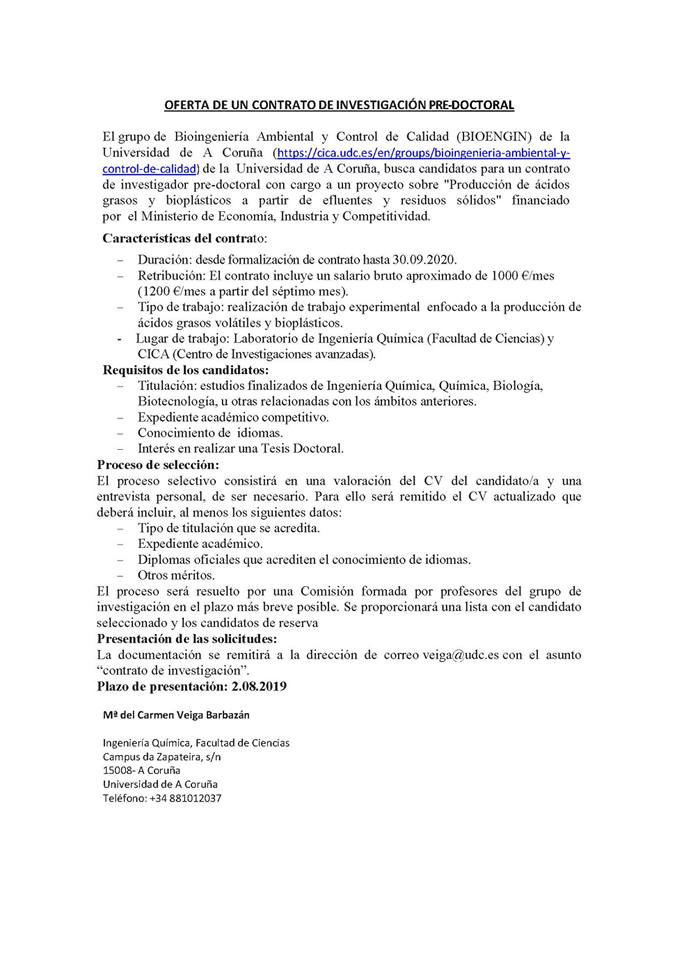 CICAUDC's tweet image. JOB‼️

El grupo de #BioingenieríaAmbiental y #ControlCalidad (BIOENGIN) busca candidatos para un contrato #PreDoctoral en el proyecto &quot;Producción de ácidos grasos y bioplásticos a partir de efluentes y residuos sólidos&quot;

➡️ Candidaturas antes del 2/08/19 a veiga@udc.es 

#CICAUDC