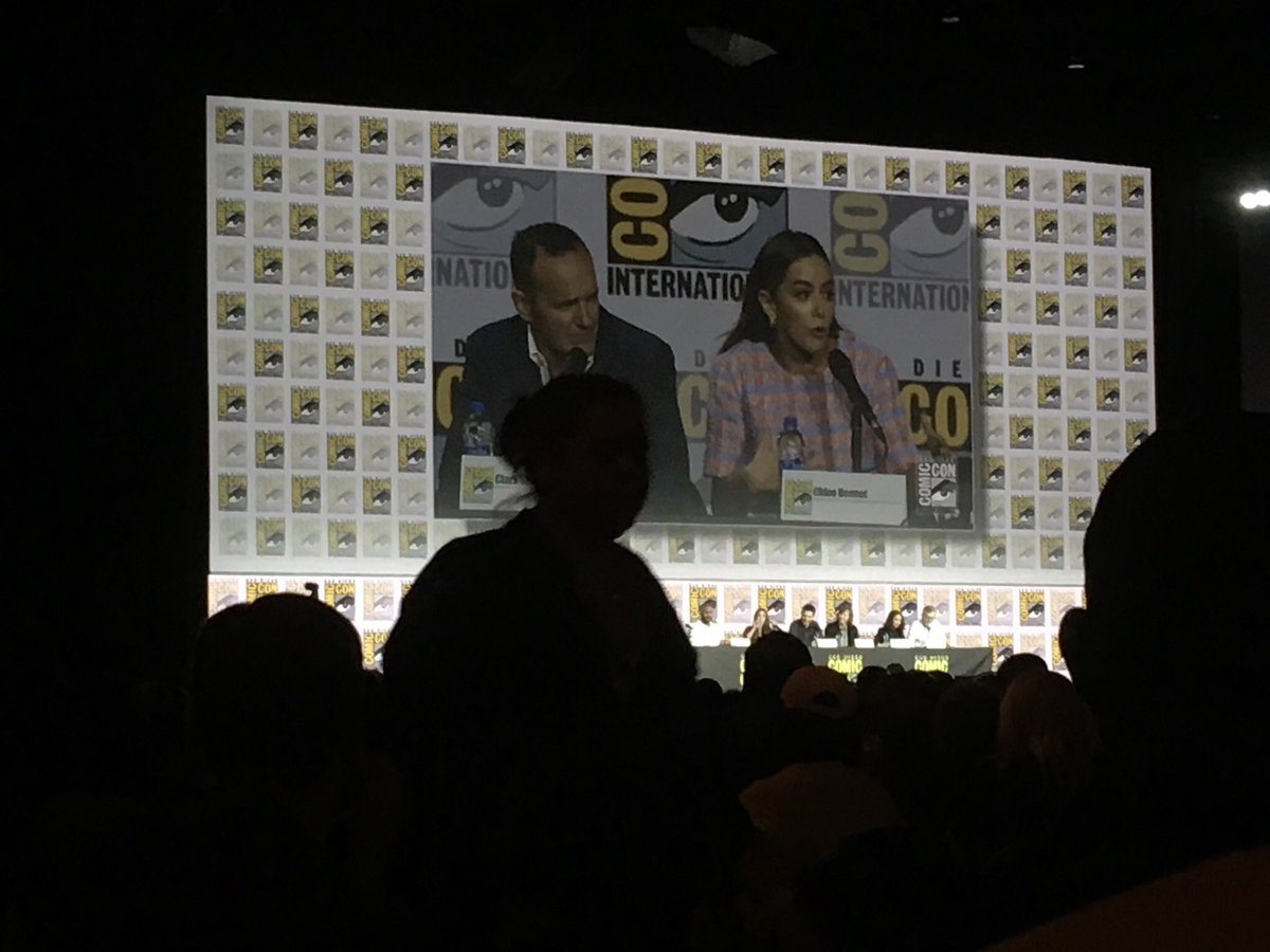 Sk00t3's tweet photo. @HallHLine We were in the @AgentsofSHIELD and @daemonsanddust (His Dark Materials) panels in Hall H last Thursday! @SD_Comic_Con tweeted about empty seats in Hall H around 1:00pm. We waited for 20 minutes and got right in! Shortest #HallHLine ever! #SDCCWithdrawal 
#SDCC #SDCC2019 #SDCC50. https://t.co/UUOOjHEe12