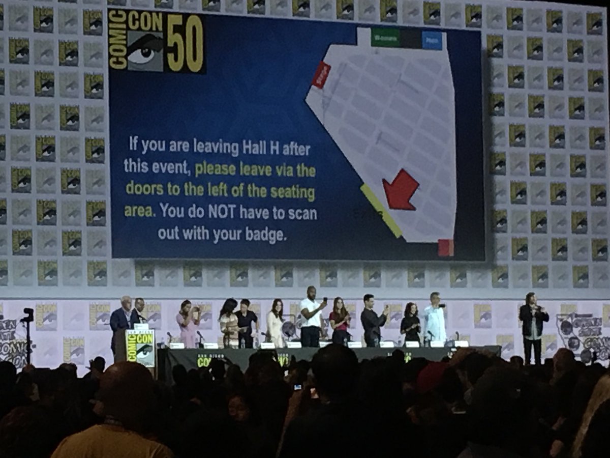 Sk00t3's tweet photo. @HallHLine We were in the @AgentsofSHIELD and @daemonsanddust (His Dark Materials) panels in Hall H last Thursday! @SD_Comic_Con tweeted about empty seats in Hall H around 1:00pm. We waited for 20 minutes and got right in! Shortest #HallHLine ever! #SDCCWithdrawal 
#SDCC #SDCC2019 #SDCC50. https://t.co/UUOOjHEe12