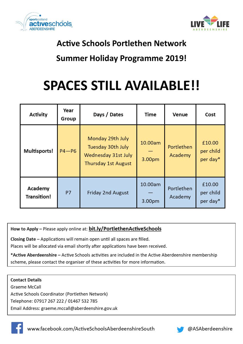 Last minute spaces are still available for the Portlethen P4 – P7 Summer holiday programme! 

Click here to book your space now - bit.ly/PortlethenActi…
#activeschoolsporty #sixweeksofsummer

@Portyschool @fishermossfooty  @Newtonhill_Sch  @SchoolHillside1 @BanDevPS