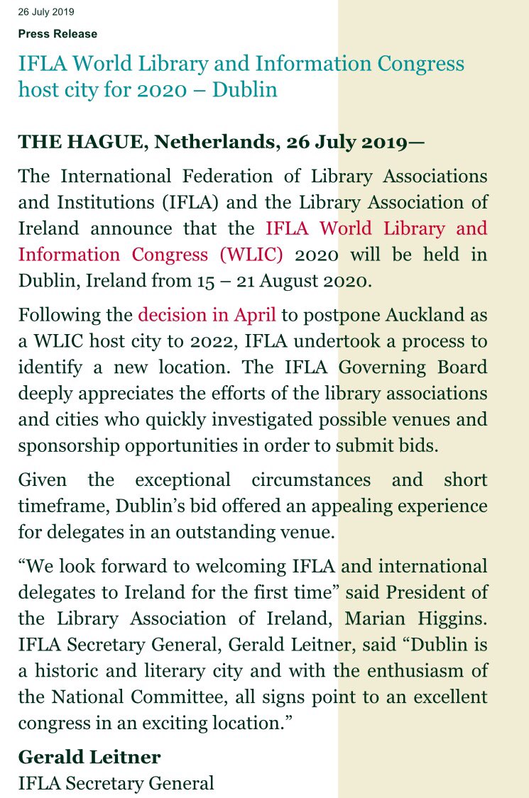 Dr Sandra Collins (@sandricollins) on Twitter photo Exciting news! World’s largest library conference IFLA will be in Dublin in 2020! ☘️☘️☘️ Welcome to Ireland, librarians from across the world! ☘️☘️☘️ <a href="/ifla/">IFLA</a> <a href="/iflawlic/">IFLA World Library and Information Congress</a> <a href="/LAIonline/">Library Association</a> <a href="/NLIreland/">National Library of Ireland</a> Exciting news! World’s largest library conference IFLA will be in Dublin in 2020! ☘️☘️☘️ Welcome to Ireland, librarians from across the world! ☘️☘️☘️ <a href="/ifla/">IFLA</a> <a href="/iflawlic/">IFLA World Library and Information Congress</a> <a href="/LAIonline/">Library Association</a> <a href="/NLIreland/">National Library of Ireland</a>