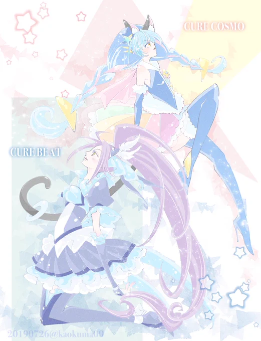 昨夜のお題、歴代プリキュアの追加戦士
猫型追加戦士🐈🐈
 #プリキュア版深夜の真剣お絵描き60分一本勝負 