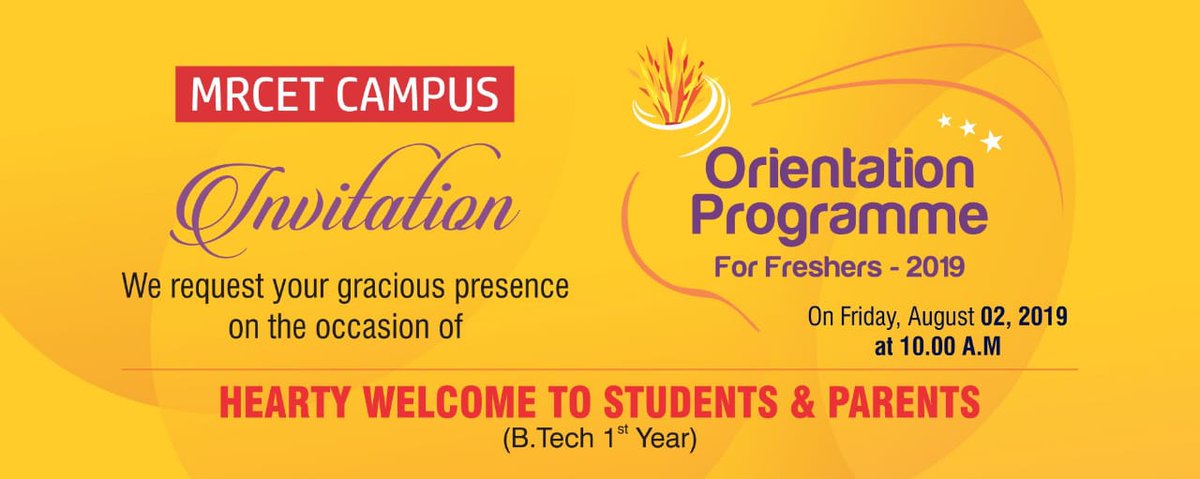 mrcetofficial's tweet photo. MRCET@CAMPUS-Malla Reddy College of Engineering & Technology(#MRCET) Cordially Welcomes the Parents & Students to the #Orientation_Programme for Freshers 2019.
Save the Date: 2nd August 2K19.
Ch Malla Reddy https://t.co/oQf8a2nyKq