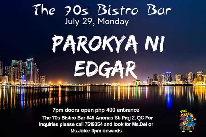 <a href="/the70sBistro/">The 70's Bistro</a> bar gig July 29, 2019 ----- Ihanda ang tropa at tutugtog ang Parokya Ni Edgar! 
#PNE <a href="/chitomirandajr/">Chito Miranda</a>