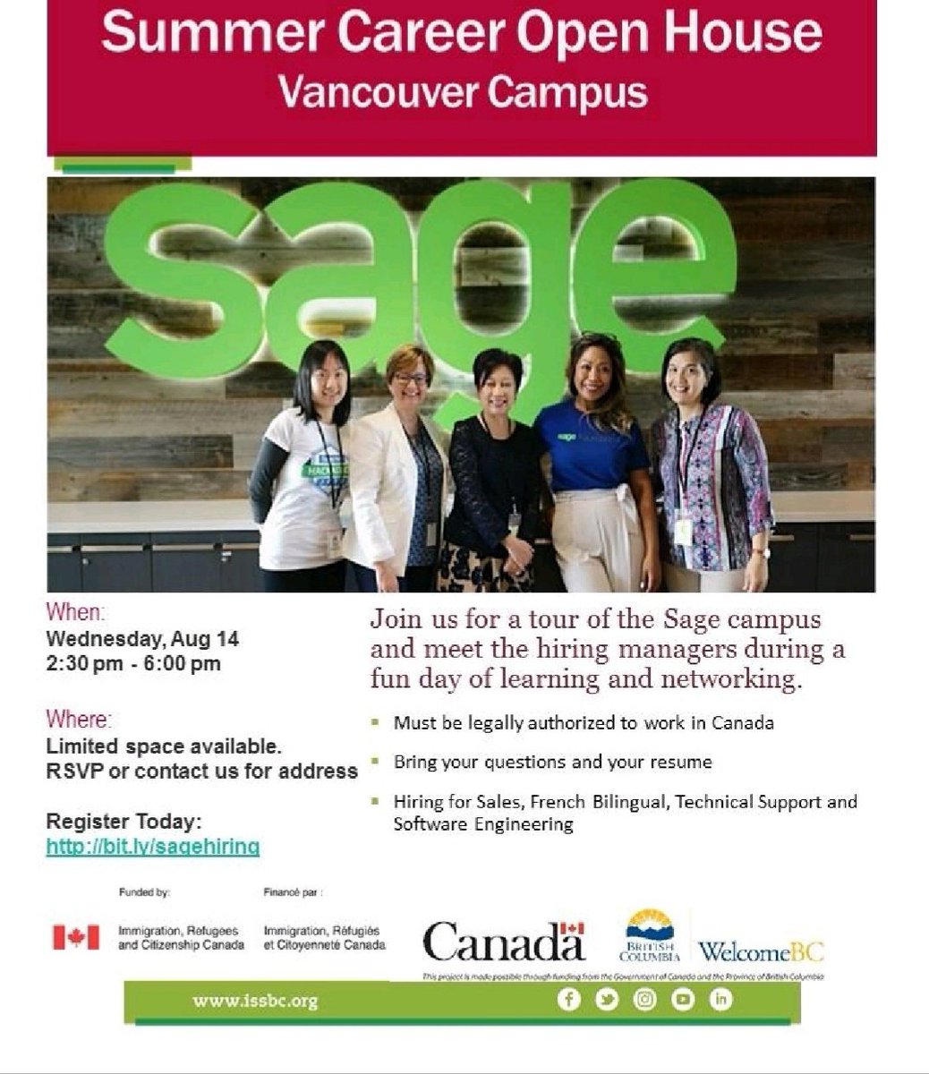 cmalanay's tweet photo. You're invited 😊 Register today @issbc #NowHiring #Canada #summerfun #OpenHouse #Vancouver #job #ThinkGlobalWorkLocal #LifeAtSage 🎉 https://t.co/MiAkPgDcTd