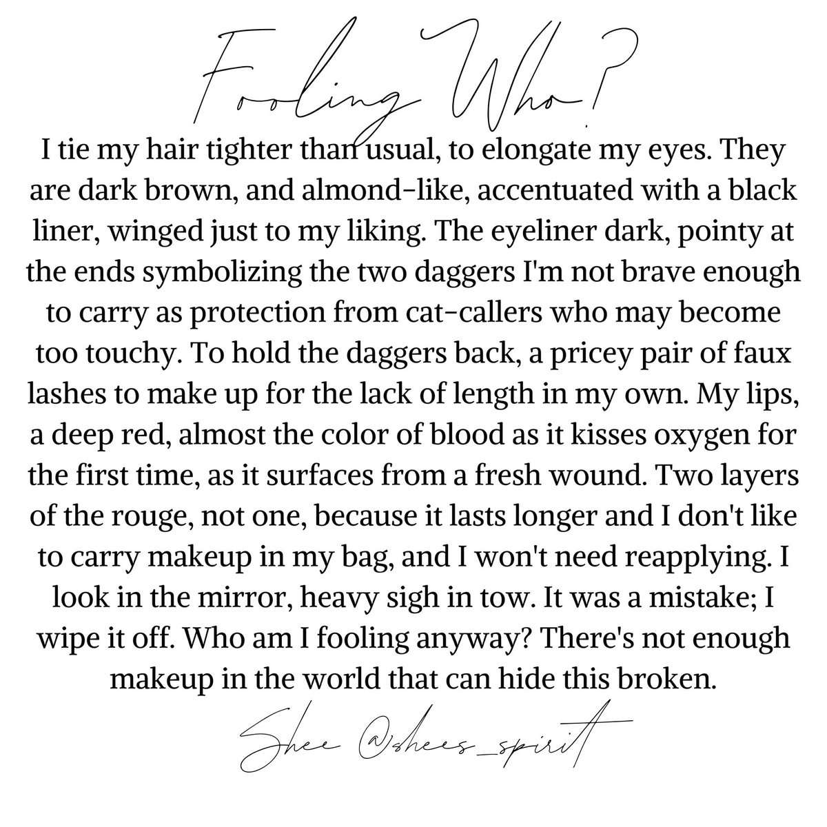 Shee_Poetry's tweet photo. I don't know how to Twitter. Someone help ๐คฃ Am I doing this right?
#Filipinas #filipinx #WritingCommunity #poetry #poetrycommunity #poem #love #poetsofinstagram #truelife #writersofinstagram #writing #pinay #qotd #hellapinay #wordporn #poetsofig #life #writers #prose https://t.co/8nbjGMIoHN