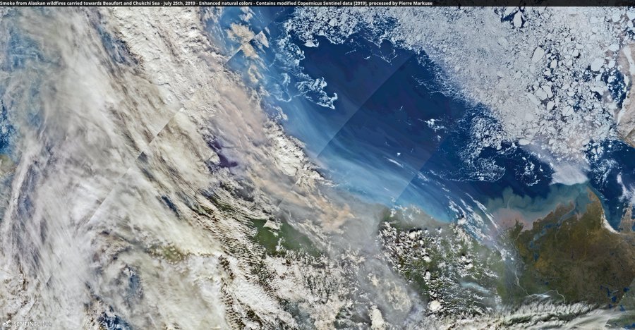 Smoke from Alaskan wildfires🔥 carried towards Beaufort and Chukchi Sea, #Alaska, #USA🇺🇸 25 July 2019. Copernicus/Pierre Markuse