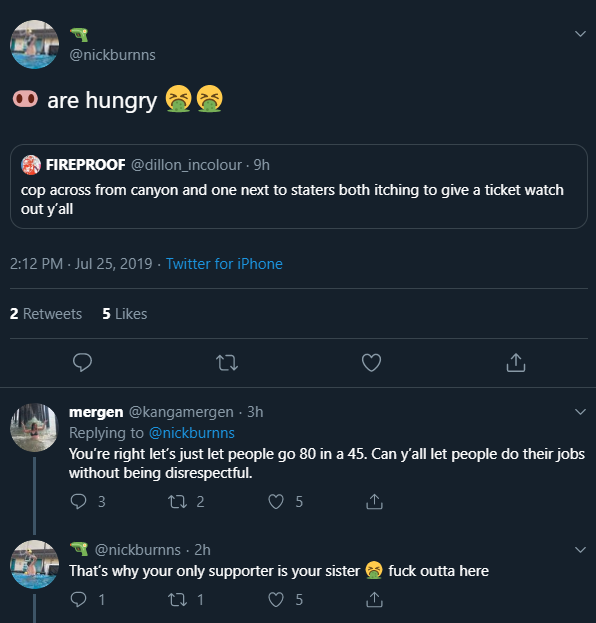 Apparently these are the tweets that started it all! More clout points coming out of the local @nickburnns, all while @kangamergen tried to fight back. Seems like a fair fight considering they both appear to be of Caucasian decent.