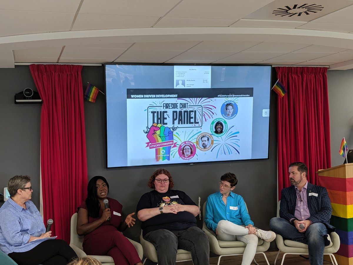 womendrivendev's tweet photo. Our incredible (and hilarious) panelists @Geek_Manager @alliefleder @s_foreshew_cain @myGwork's Chloe Davies sharing their stories with us and moderated by Catherine Ruggles

#TechItForward #TechItForwardWithPride https://t.co/LR4oQzUST5