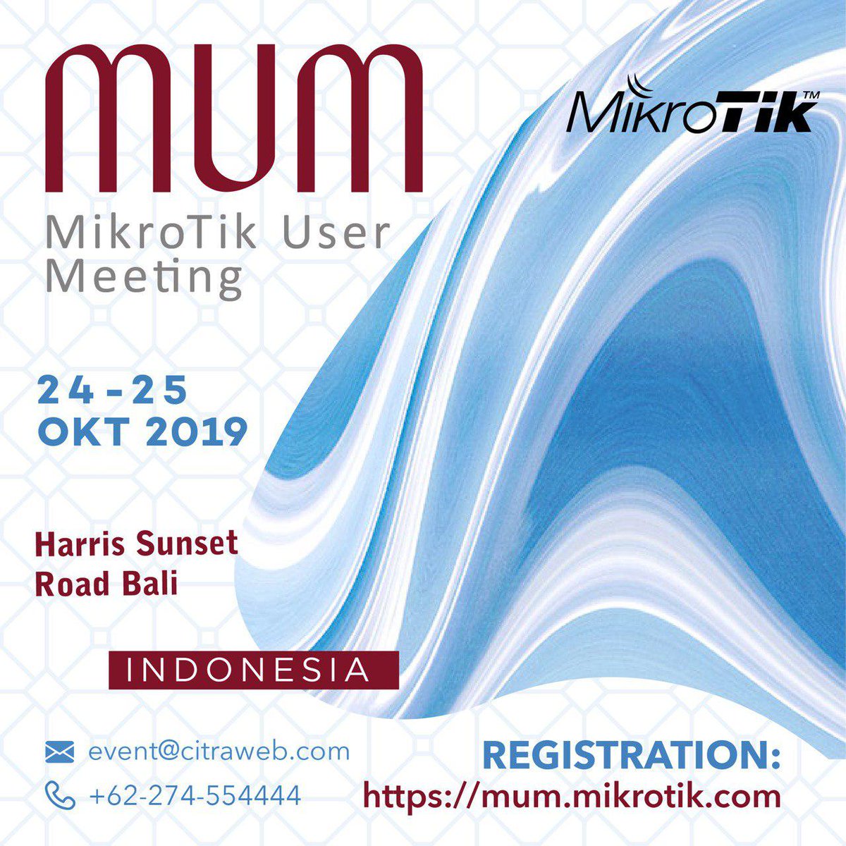 mikrotik_id's tweet photo. Mari ramaikan kembali acara Mikrotik User Meeting Indonesia 2019.
Pada tanggal 24-25 Okt 2019
HARRIS Sunset Road - Bali
Informasi dan pendaftaran lebih lengkap di:
https://t.co/L9rgkp57Cl
#MUM #MikrotikUserMeeting #MUMID #MUMIndonesia #Mikrotik #MikrotikID #MikrotikIndonesia https://t.co/c8KFtCmkuu