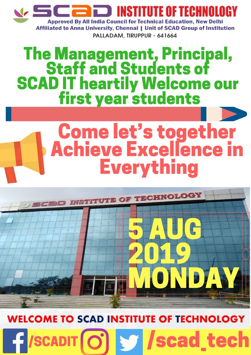 scad_tech's tweet photo. #SCADIT #FreshersDay #CollegeOpen #5Aug
#SCADITCounsellingCode2358 #AssuredPlacement #ApplicationOrientedLearning #IndustryReadyEngineers #ProductBasedSkillTraining #IndustryInstituteInteraction
#Coimbatore https://t.co/mVDYwsT1ea