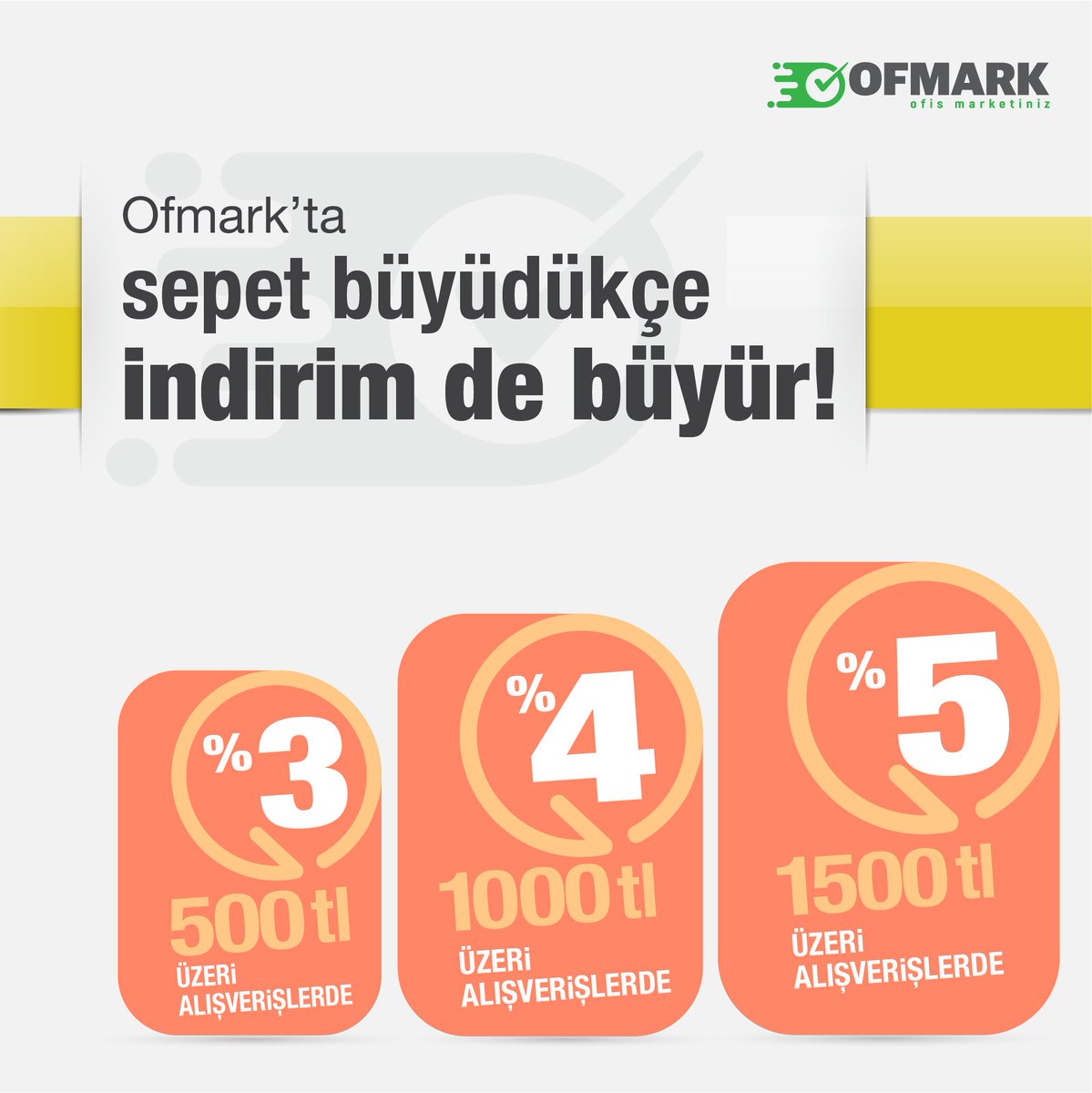 Ofmark’ta uygun fiyatlı ürünlerin yanı sıra sizi mutlu edecek bir avantaj daha var. Burada sepet büyüdükçe indirim de büyür…

500 TL üzeri alışverişlerinizde %3,
1.000 TL üzeri siparişlerinizde %4,
1.500 TL üzeri siparişlerinizde %5 ekstra indirim fırsatını kaçırmayın.