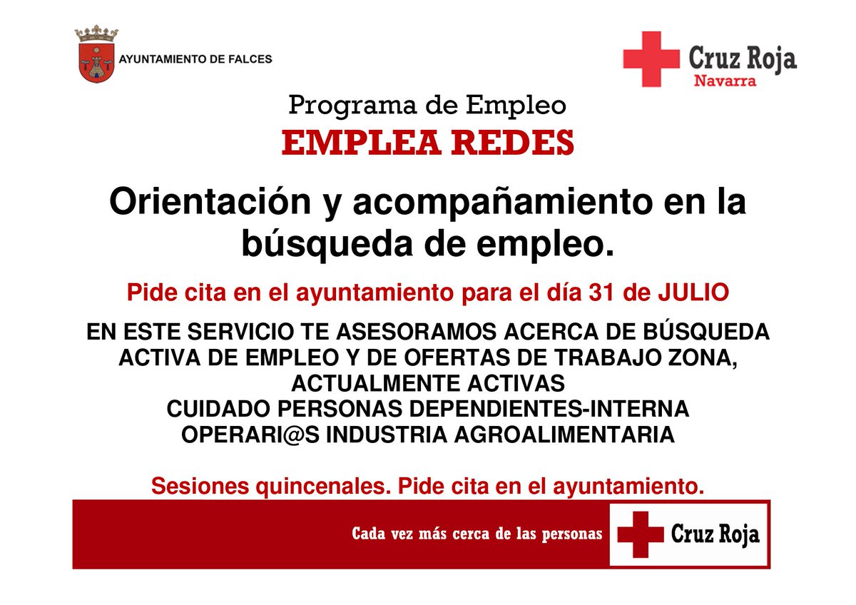 FalcesalDia's tweet photo. Programa de #empleo "Emplea Redes"
Orientación y acompañamiento en la búsqueda de empleo.

🔴Pide cita en el ayuntamiento de #Falces para el día 31 de julio.

@CruzRojaNavarra https://t.co/u88PzIoJRK