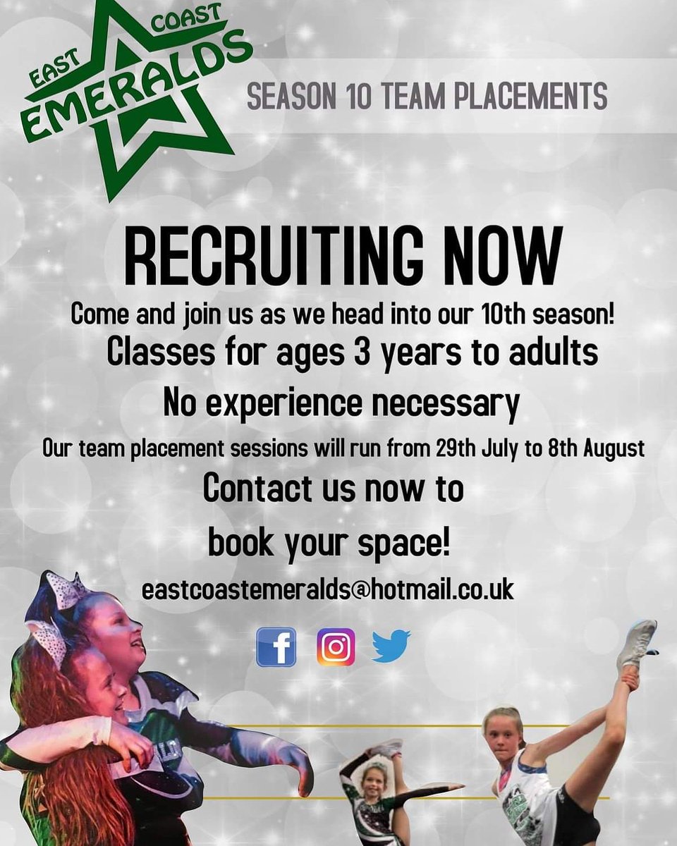 Tryouts start NEXT WEEK!! Don't miss out on joining us for the 19/20 season! 💚 #eastcoastemeralds #norwichcheerleading #season10