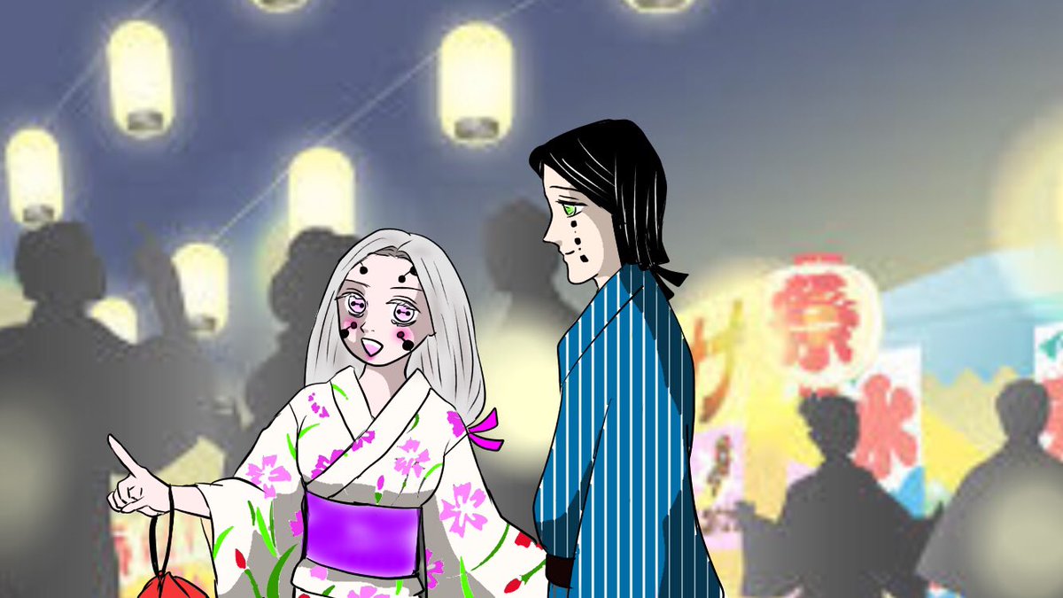 お祭りに行く民尾さんと綾木繭ちゃん。良い感じのフリー素材を見付けたので描きたくなって描きました 