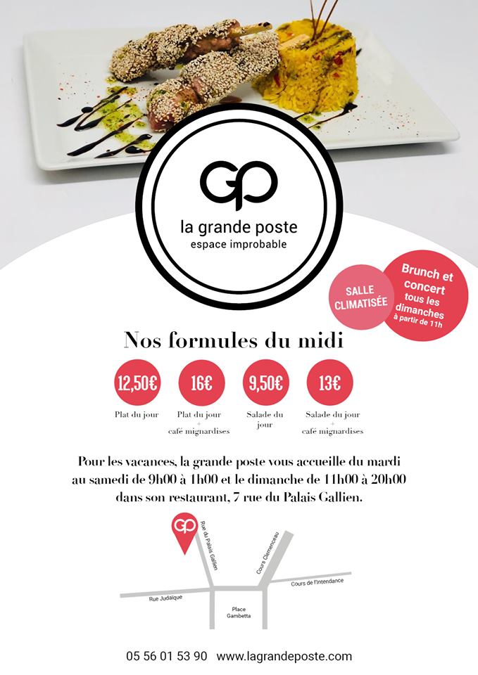 PosteGrande's tweet image. Le Restaurant de La Grande Poste vous accueille du Mardi au Dimanche 🍽 😁
De Nouveaux plats et salades du jours à découvrir chaque midi et soir

📍 7, Rue du Palais Gallien 
🌸 SALLE CLIMATISÉE / ESPACE ENFANT 🌸
Réservations : 05-56-01-53-90