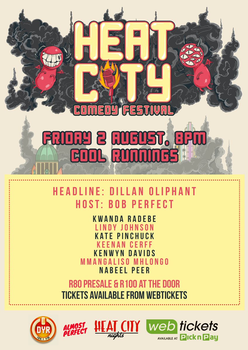 Durban's own son @bobnessmonster hosts our final ensemble show with the cerebral joke assassin <a href="/dillanoliphant/">Dillan Oliphant</a> closing the night of cutting edge jokes from:

<a href="/kwandaldhino/">KWANDA RADEBE</a> 
<a href="/Lindyyay/">lindy</a>
<a href="/KatePinchuck/">Kate Pinchuck</a> 
<a href="/K_Cerff/">Keenan Cerff</a>
<a href="/kenwyntheking/">Kenwyn Davids</a>
&amp; more

Tickets: bit.ly/heatcitycomedy…