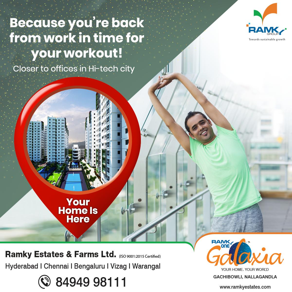 #RamkyOneGalaxia at #Gachibowli Nallagandla in #Hyderabad helps you curate a healthy lifestyle. #YourHomeIsHere

Book your #3BHK 1860 sq. ft. corner #apartment today! Prices start @ Rs. 1.11 crore. 
Know more at: bit.ly/2Cgc49l