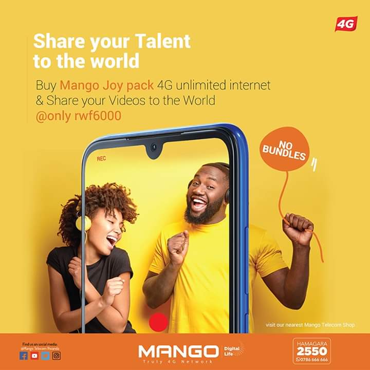 4GusersinRwanda's tweet image. Talent hits a target no one can hit, that’s why talents are meant to be shared.
Buy #mangojoy 4G unlimited internet pack @ only Rwf 6,000/month and share your talent to the world.

#IyatseNaMango #4GUnlimiteddata #LTEspeed #Smartphone #NoBunddles #FastestInternet #MangoTelecom