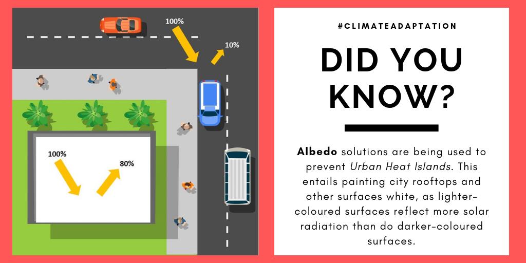 Did you know? Light-coloured surfaces reflect more sunlight than dark-coloured surfaces do. Painting rooftops and public areas #white is just one way cities are working to prevent #UrbanHeatIslands. #TheAlbedoEffect #BeatTheHeat #canicule