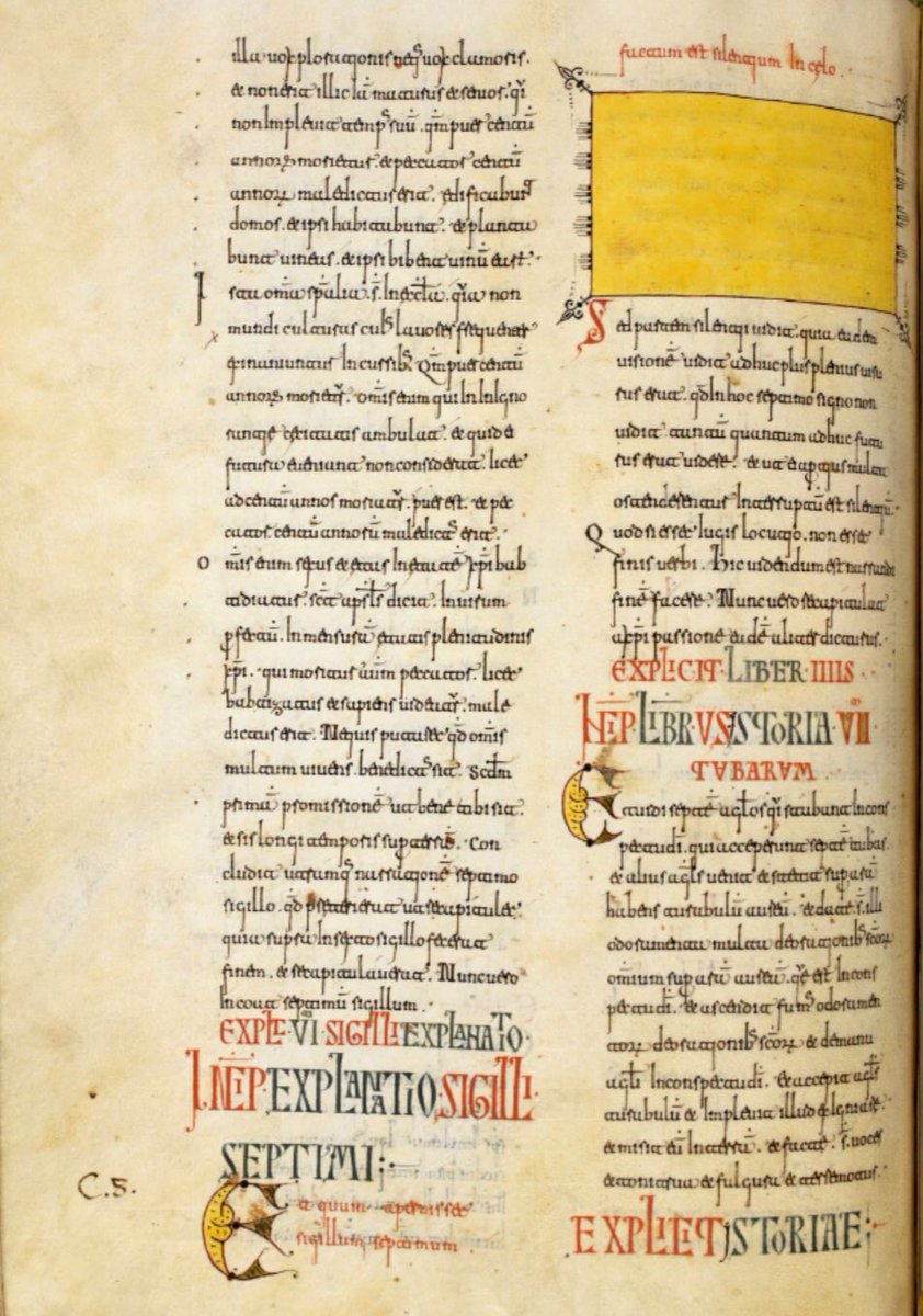 red_loeb's tweet image. Representation of silence as a yellow rectangle: 'factum est silentium in celo'
Add MS 11695; 1091-1109; Beatus of Liébana, Commentary on the Apocalypse (The 'Silos Apocalypse'); Spain, North (Santo Domingo de Silos); f.125v @BLMedieval @BL_MadeDigital