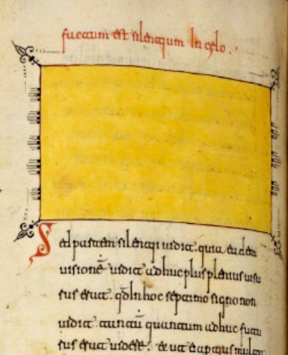 red_loeb's tweet image. Representation of silence as a yellow rectangle: 'factum est silentium in celo'
Add MS 11695; 1091-1109; Beatus of Liébana, Commentary on the Apocalypse (The 'Silos Apocalypse'); Spain, North (Santo Domingo de Silos); f.125v @BLMedieval @BL_MadeDigital