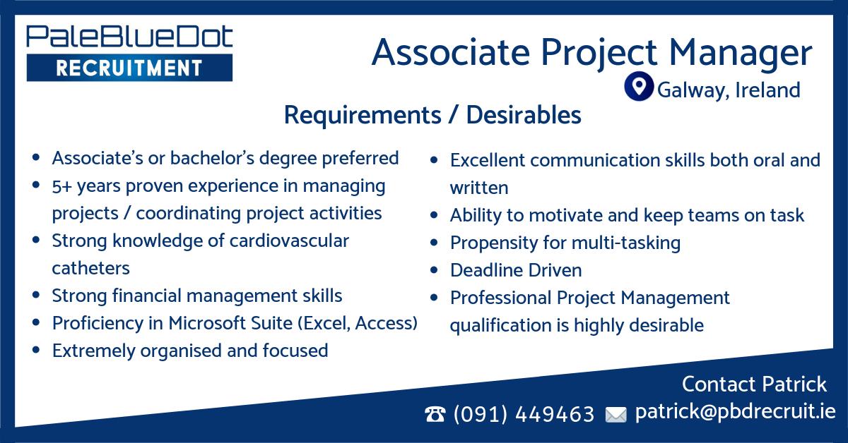 PBDRecruit's tweet photo. #NowHiring: If you think you are perfect for this role of an #AssociateProjectManager in #Galway, head here and #APPLNOW - https://t.co/n9whFAqG7O
.
.
#PaleBlueDotRecruitment #PaleBlueDot #Galwayjobs #MedTech #GetInvolvedToday #Jobs #IrishJobs #Medical #Technology #JobsAlert https://t.co/8zmQGvzYq8