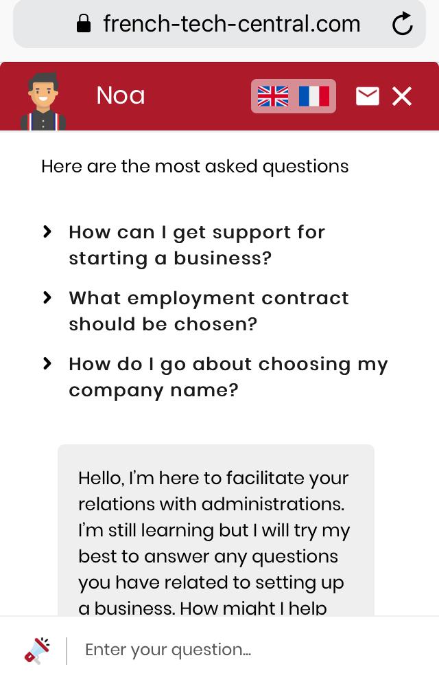 FrenchTechCtral's tweet photo. 🗣️Setting up your #startup in France ?
Meet #ChatbotNoa, the chatbot designed to help you find the right answers to your questions and to facilitate your relations with French administrations 💬
👉Available 24x7 in our site :
https://t.co/pb82suerf7 https://t.co/P18Xqqhw2I