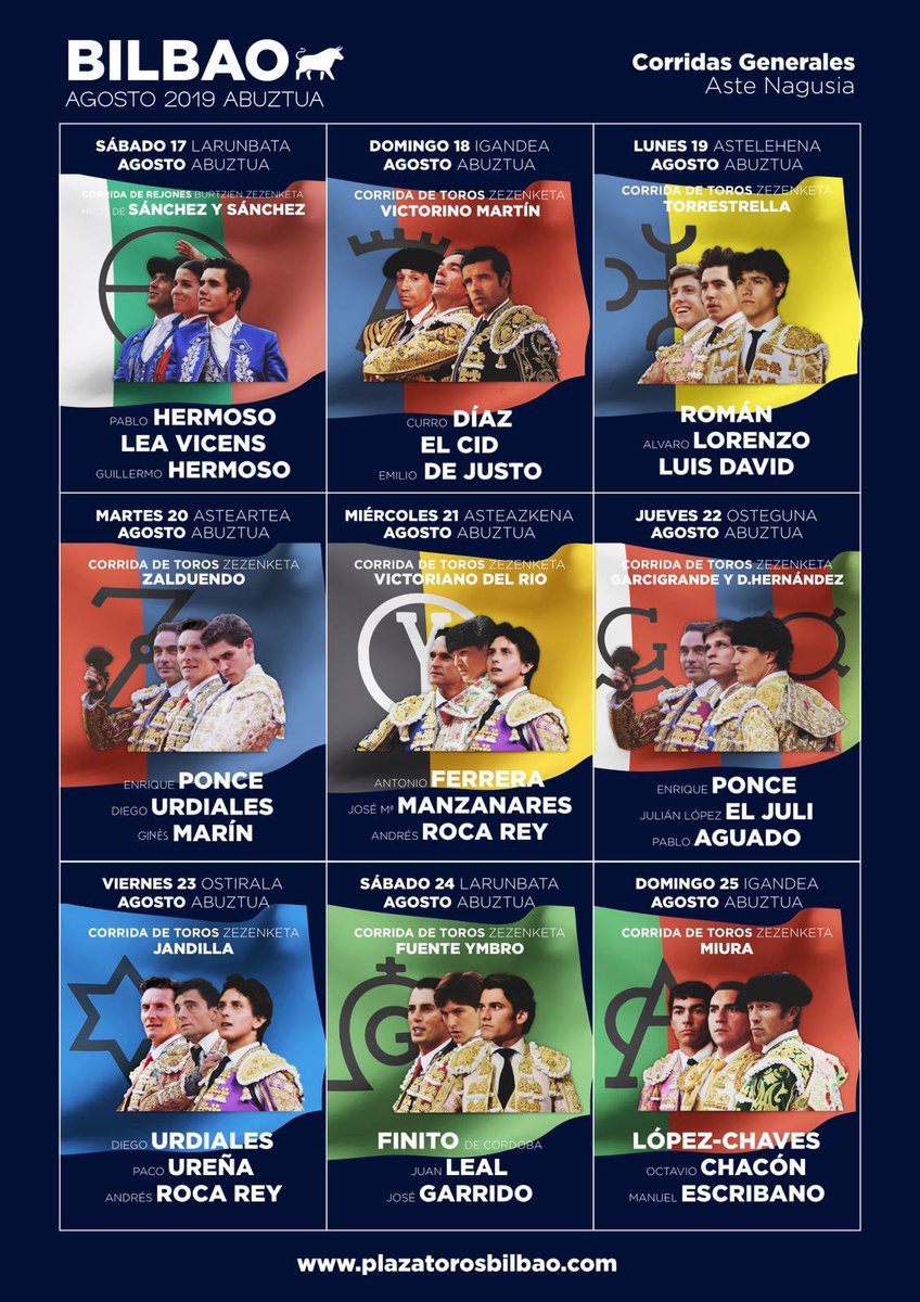🔵Corridas Generales de Bilbao | Asegura ya tus entradas para todas las corridas de la feria desde 26.60 euros. 

#FelizFinde #FelizViernes

🎟️ Haz tu compra por la web: toroticket.com/43-entradas-to…

📞 O en el 955.292.993