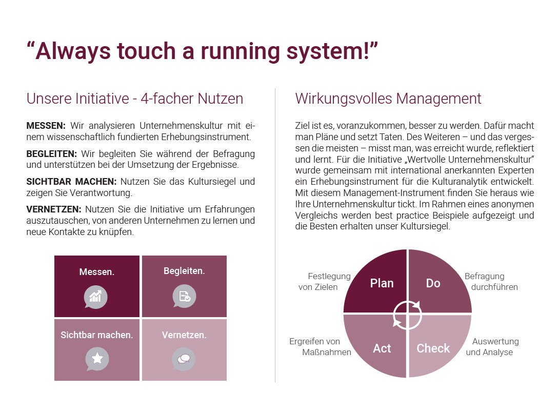 "Always touch a running #system!"

#Profitieren Sie vom 4-fachen #Nutzen unserer #Initiative für wertvolle #Unternehmenskultur. #Messen #Begleiten #Sichtbarmachen #Vernetzen

wertvolle-unternehmenskultur.de