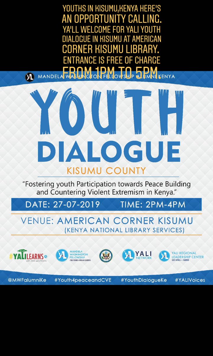 Tomorrow in Kisumu at American Corner Kisumu Library from 1PM to 5PM.
Ya'll welcome ❤. 
@MWFalumniKE 
#Youth4peaceandCVE
#YouthDailogueKe 
#YALIVOICES 
@AmazingKisumu 
@KisumuCountyKE 
@WKisumu