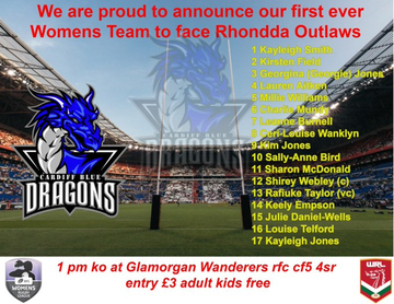 Wales Rugby League (@walesrugbyl) on Twitter photo TEAM LISTS | Both <a href="/CardiffRL/">Cardiff Rugby League</a> and <a href="/Rhonddaoutlaws/">Rhondda Outlaws RL</a> have now named their sides for tomorrow's historic first open-age <a href="/Womens_RL/">Women's Rugby League</a> #rugbyleague match in Wales.
Kick-off at <a href="/GlamWandsRFC/">Glam Wanderers RFC</a> tomorrow is at 1pm. The men's #PremierLeague game between the two is at 3pm.
#futureisbright TEAM LISTS | Both <a href="/CardiffRL/">Cardiff Rugby League</a> and <a href="/Rhonddaoutlaws/">Rhondda Outlaws RL</a> have now named their sides for tomorrow's historic first open-age <a href="/Womens_RL/">Women's Rugby League</a> #rugbyleague match in Wales.
Kick-off at <a href="/GlamWandsRFC/">Glam Wanderers RFC</a> tomorrow is at 1pm. The men's #PremierLeague game between the two is at 3pm.
#futureisbright