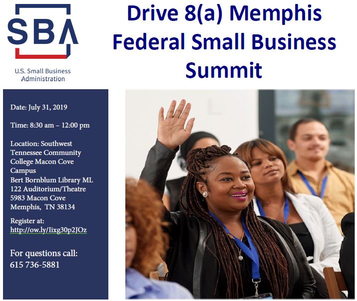 SBA_Tennessee's tweet photo. Calling #SmallBiz-Are you interested in government contracts? Want to increase your revenue by getting certified for set-aside contracts? Come out for this #Drive8(a) event in Memphis on July 31. For more info &amp; to register:  https://t.co/uNCgUfcG9E @TSBDC_SWTCC https://t.co/j3b2iff9lA