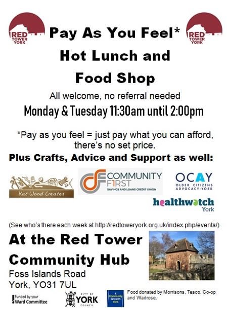 During the school holidays  the Red Tower Café will be open on Mondays and Tuesdays. We help to provide lunch for children who normally stay at school dinners. Working with food stores to distribute excess food helps reduce food waste in addition to fighting food poverty.