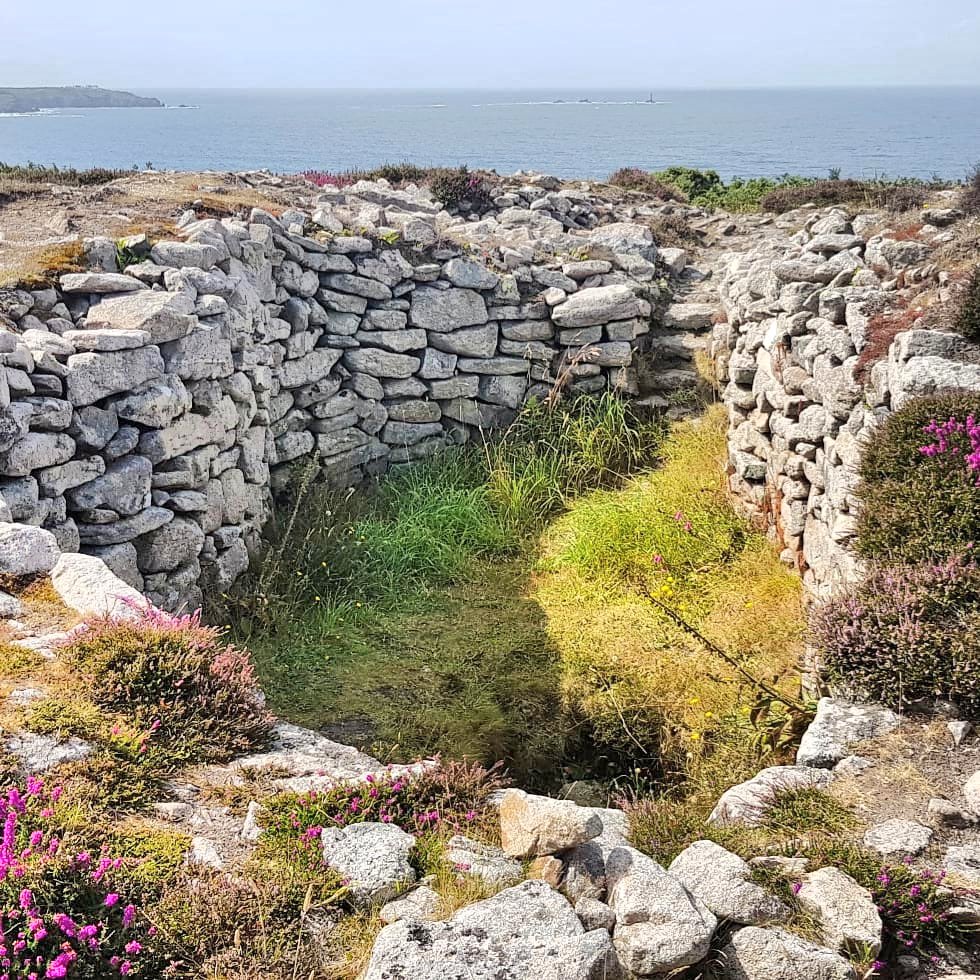 JoAtherton's tweet photo. Looking back from lofty #CarnGloose towards the little house of #BrisonsVeor, home for the last two weeks during my #artistresidency at #CapeCornwall. Here, #BallowallBarrow, a Bronze Age tomb overlooks #CapeCornwall, #TheBrisons and #LandsEnd, its entrance facing the setting sun https://t.co/hoByN7jxGM