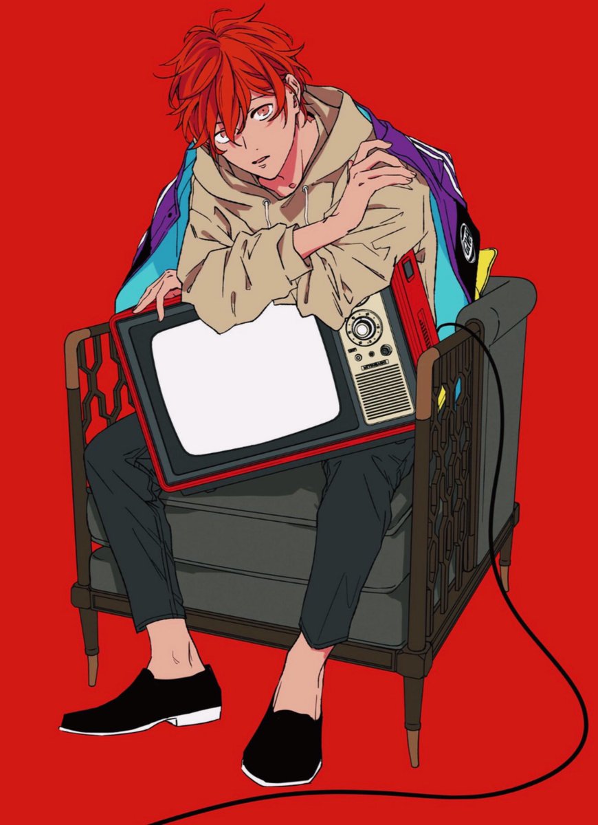 1boy male focus solo red hair sitting red background red eyes  illustration images