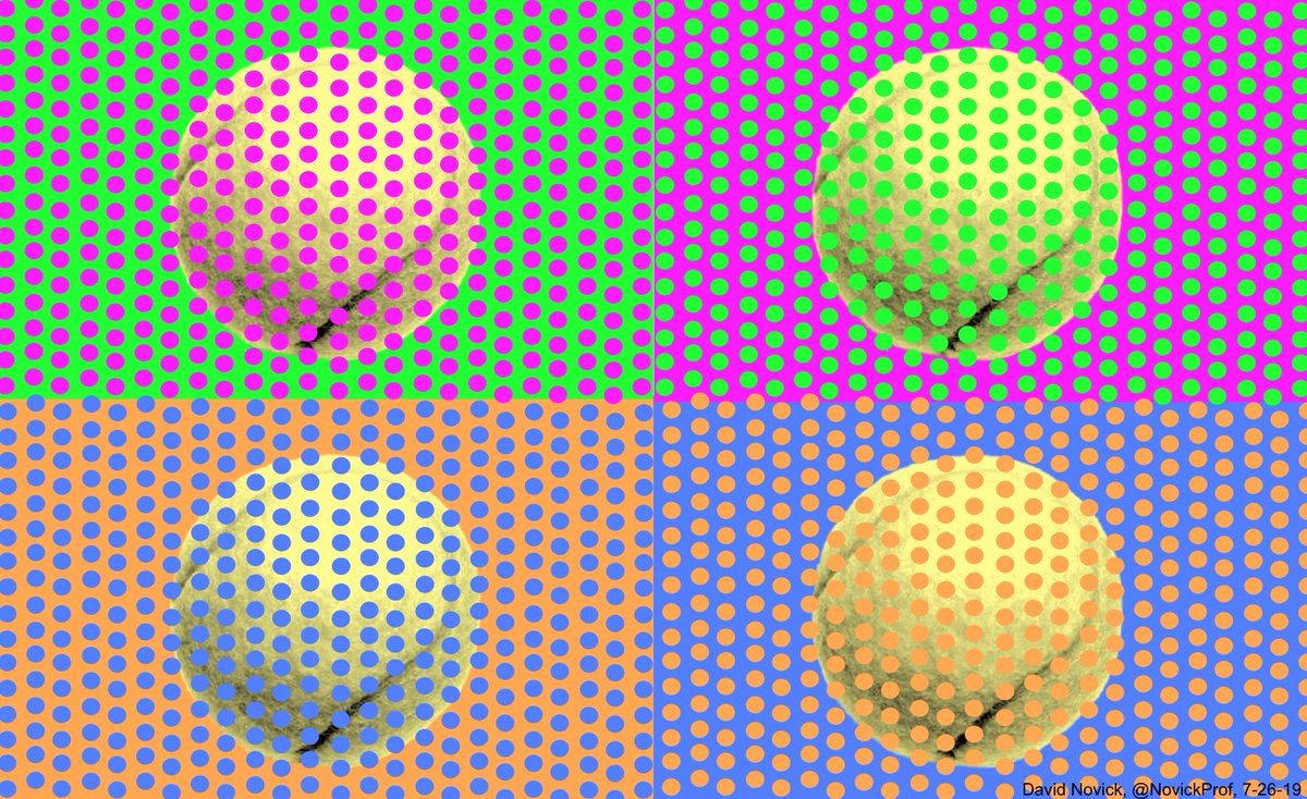 NovickProf's tweet image. A four-color Munker illusion with tennis balls that appear to be pink, green, (almost) white, and yellow but in fact are exactly the same color (RGB 251,255,140). Shrinking the image increases the effect. Original png file is at bit.ly/2O74l2I.
