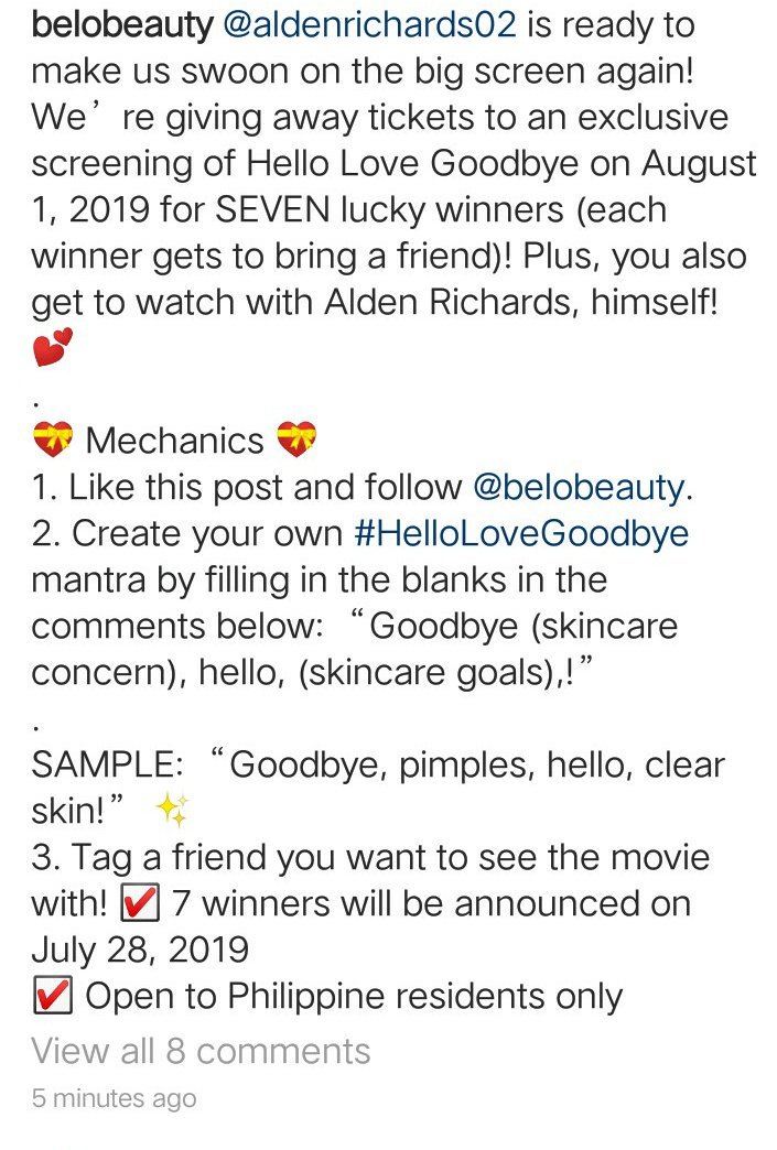 Sali na mga fwends!

Thank you, <a href="/belobeauty/">Belo Medical Group</a> <a href="/VickiBelo/">Victoria G. Belo, MD</a> ! Love love 🤗

Thank you for always supporting <a href="/aldenrichards02/">Alden Richards</a>
From the start nandiyan na kayo for him. Maraming maraming salamat po! 

#HELLOLoveGoodbyein5days #AldenRichards