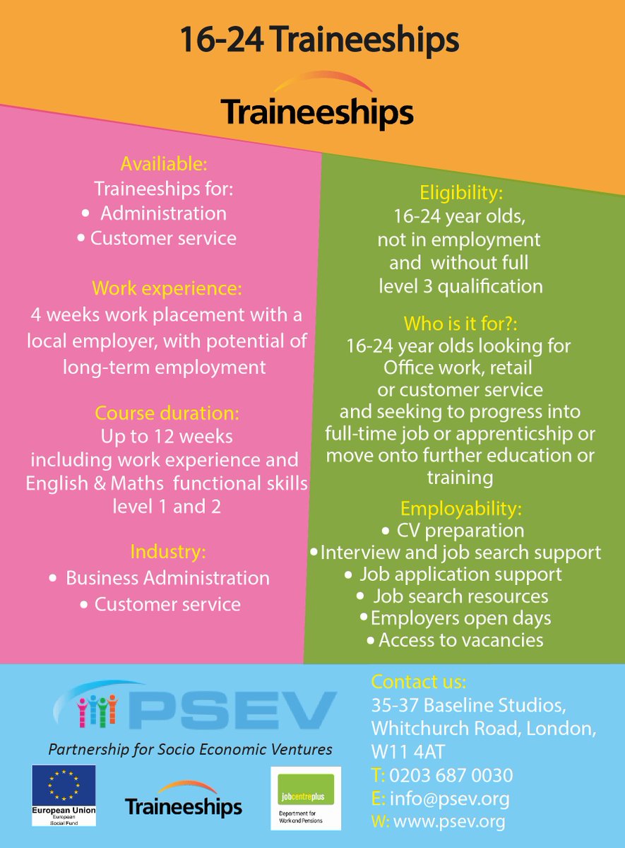 Good afternoon,

We are now please to announce we are offering a 16-18 Traineeship, to help get into an Apprenticeship and even paid employment, contact us today to find out more! 

PSEV team