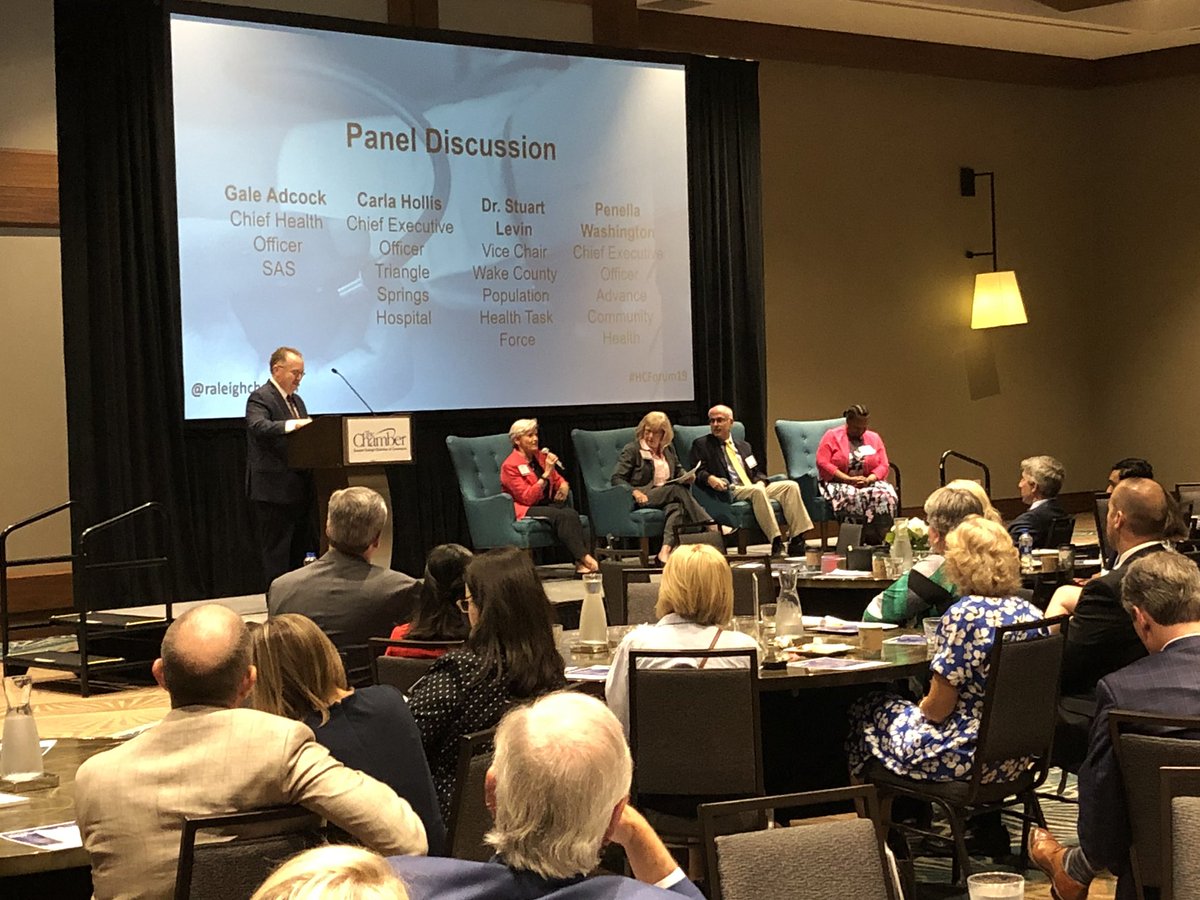 raleighchamber's tweet photo. We’re excited to hear now from our panel, @galeadcock with @SASsoftware, Carla Hollis with Triangle Springs Hospital, Dr. Stuart Levin with the Wake County Population Health Task Force, and Penella Washington with Advance Community Health! #HCForum19 https://t.co/p4WQ6aSWUT