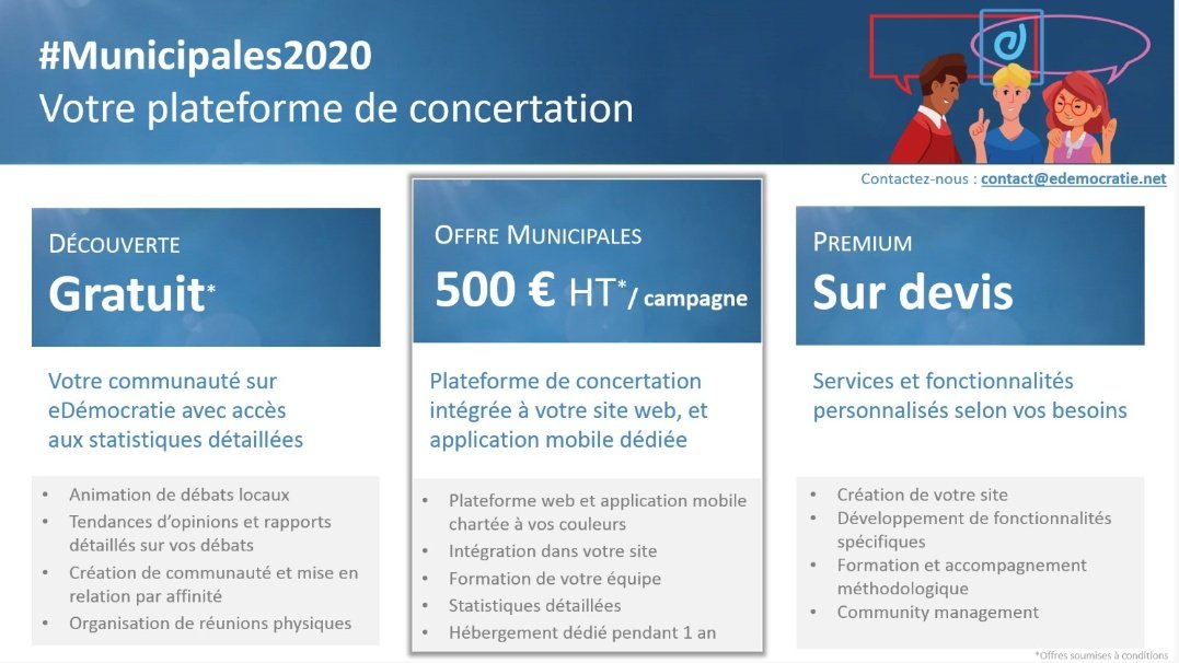 🔹A la recherche d'un outil #civictech pour la #concertation et la #DemPart citoyenne ? 
👉Pour son lancement, eDémocratie propose des offres spéciales pour les #Municipales2020. Contactez-nous !